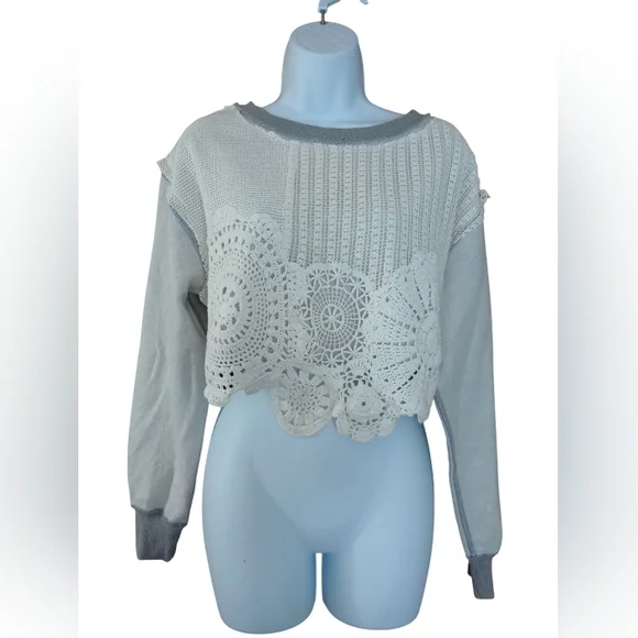 BDG Urban Outfitters Crochet Gray Cropper Pullover Sweater - Picture 2 of 8